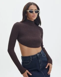 Cropped High Neck Backless Long Sleeve Knit Top -Glassons bearman backless funnel top its soy cute front kl111146knt