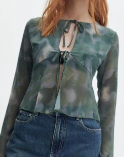Split Tie Front Print Blouse -Glassons beth tie front chiffon blouse cypress haze detail bl111539haz
