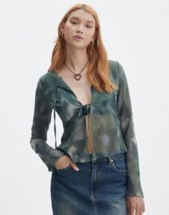 Print Frill Split Tie Front Blouse -Glassons beth tie front chiffon blouse cypress haze front bl111539haz 2