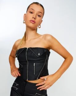 Faux Leather Biker Zip Corset -Glassons bonnie biker corset black detail bv101361pu