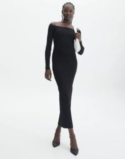 Ribbed Off Shoulder Long Sleeve Maxi Dress -Glassons boston bardot knit dress black full kd109828rib