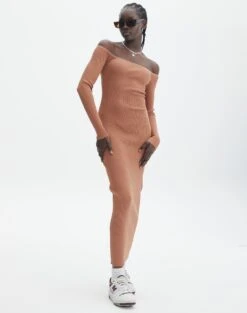 Ribbed Off Shoulder Long Sleeve Maxi Dress -Glassons boston bardot knit dress slice of cake full kd109828rib