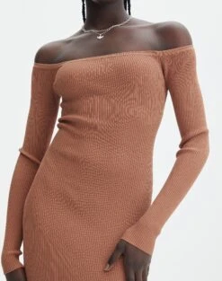 Ribbed Off Shoulder Long Sleeve Maxi Dress -Glassons boston bardot knit dress slice of cake imageback kd109828rib