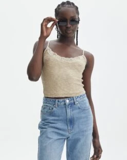 Ringspun Low Rise Denim Skirt -Glassons candice lace trim knit cami neutralgold front kv110820knt