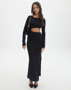 Panelled Knit Long Sleeve Maxi Dress -Glassons carden cut out maxi dress black front kd105194knt 1
