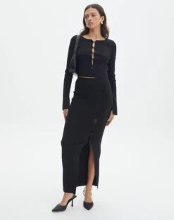 Ribbed Knit Button Side Maxi Skirt -Glassons co darby button down knit midi skirt black full sl109336knt