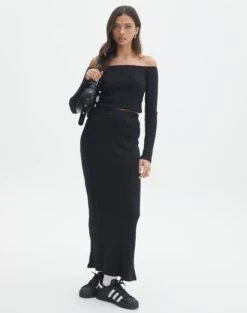 Off Shoulder Long Sleeve Top -Glassons co gigi panelled rib maxi skirt black front sl127198rib 1