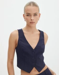 Mid Rise Pinstripe Wide Leg Pant -Glassons co loretta waistcoat navy pinstripe front bv65137pin 1