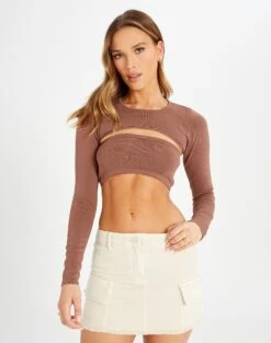 Foldover Off Shoulder Long Sleeve Top -Glassons co midas shrug shiitake front kl54070cre