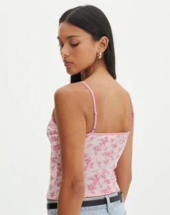 Floral Print Mesh Lettuce Trim Cropped Cami -Glassons co sabrina burnout mesh cami baby doll burnout back tv54660rbo