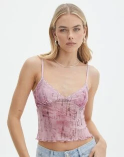 Floral Print Mesh Lettuce Trim Cropped Cami -Glassons co sabrina mesh cami baby doll script front tv54660rprt 3