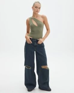 Supersoft One Shoulder Cut Out Bodysuit -Glassons dua one shoulder cut out bodysuit lt khaki full tb88291pch