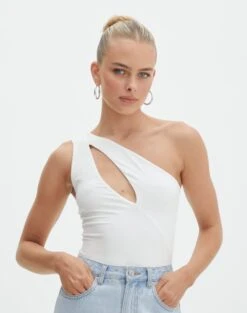 Supersoft One Shoulder Cut Out Bodysuit -Glassons dua one shoulder cut out bodysuit white front tb88291pch