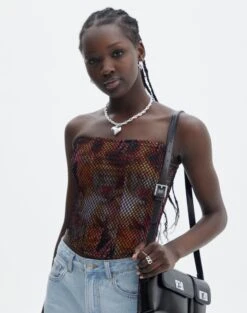 Floral Print Mesh Lettuce Trim Cropped Cami -Glassons freya fishnet corset fuschia clash front tv104708fcc 1