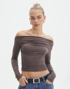 Ruched Off The Shoulder Top -Glassons genie ruched off the shoulder top irish coffee front tl124186vis