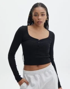 Long Sleeve Button Scoop Neck Top -Glassons harrison henley longsleeve black front tl114637ocot