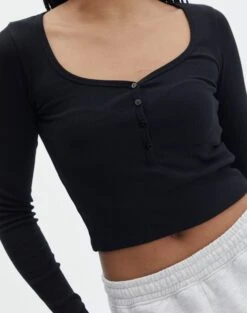 Long Sleeve Button Scoop Neck Top -Glassons harrison henley longsleeve black imageback tl114637ocot