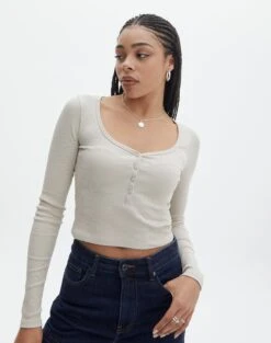 Long Sleeve Button Scoop Neck Top -Glassons harrison henley longsleeve head in the sand front tl114637ocot