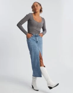 Long Sleeve Button Scoop Neck Top -Glassons harrison henley longsleeve keep your coal full tl114637ocot