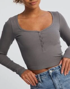 Long Sleeve Button Scoop Neck Top -Glassons harrison henley longsleeve keep your coal imageback tl114637ocot