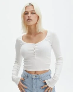 Long Sleeve Button Scoop Neck Top -Glassons harrison henley longsleeve milk front tl114637ocot