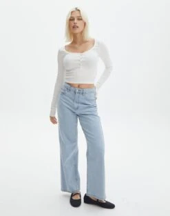 Long Sleeve Button Scoop Neck Top -Glassons harrison henley longsleeve milk full tl114637ocot