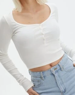 Long Sleeve Button Scoop Neck Top -Glassons harrison henley longsleeve milk imageback tl114637ocot