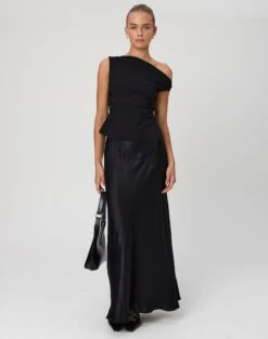 One Shoulder Asymmetric Top -Glassons ivy panelled satin maxi skirt black front sl116240vis