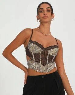 Printed Mesh Crop Corset Top -Glassons kurbie corset jungle leo front ut91413jnl