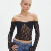 Off Shoulder Lace Long Sleeve Top -Glassons lexi longsleeve lace top black front tl116985lac