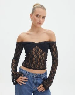 Off Shoulder Lace Long Sleeve Top