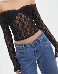 Off Shoulder Lace Long Sleeve Top -Glassons lexi longsleeve lace top black imageback tl116985lac