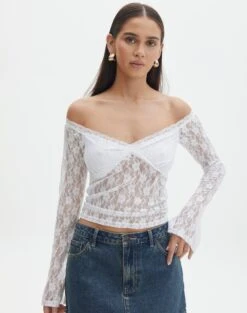 Off Shoulder Lace Long Sleeve Top -Glassons lexi longsleeve lace top white front tl116985lac