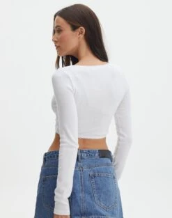 Pointelle Curve Hem Cropped Long Sleeve Top -Glassons lilian long sleeve bow top white back tl81089pnt