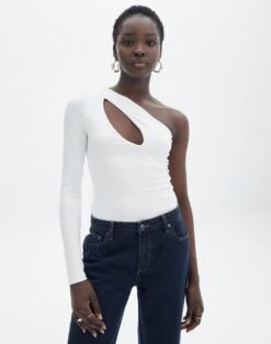 Supersoft One Shoulder Long Sleeve Cut Out Bodysuit -Glassons lua asymmetric cut out bodysuit milk front tb116518pch