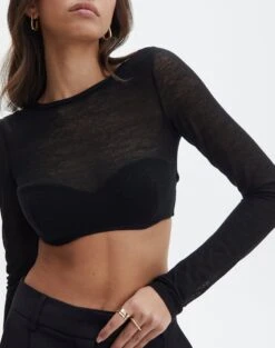 Sheer Backless Long Sleeve Crop Top -Glassons mila underwire super crop black imageback tl112008msh