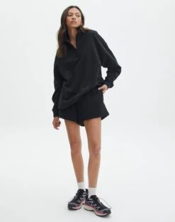 Luxe Lounge Modal Long Sleeve Button Crop Top -Glassons o beckham short black front sw62109ocot