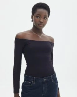 Denim Maxi Skirt -Glassons olive off the shoulder bodysuit longsleeve black front tb97721pch 1