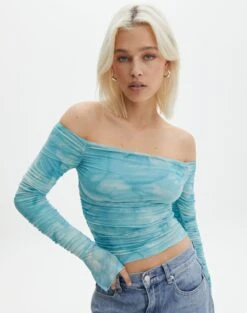 Ruched Print Mesh Off The Shoulder Top 27 Ruched Print Mesh Off The Shoulder Top -Glassons oreo off the shoulder top aqua tie dye front tl124256rprt