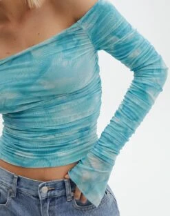Ruched Print Mesh Off The Shoulder Top 30 Ruched Print Mesh Off The Shoulder Top -Glassons oreo off the shoulder top aqua tie dye imageback tl124256rprt