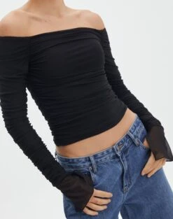 Ruched Mesh Off The Shoulder Top -Glassons oreo off the shoulder top black imageback tl124256rmsh