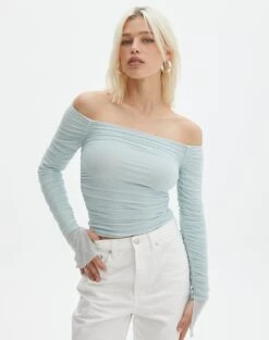 Ruched Mesh Off The Shoulder Top -Glassons oreo off the shoulder top mist me front tl124256rmsh