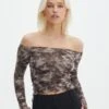 Ruched Print Mesh Off The Shoulder Top -Glassons oreo off the shoulder top soy coffee tie dye front tl124256rprt