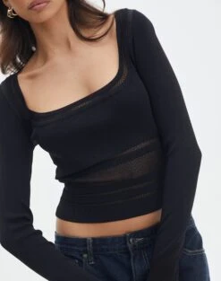 Panelled Knit Long Sleeve Top -Glassons pinny panelled longsleeve black imageback kl114624vn