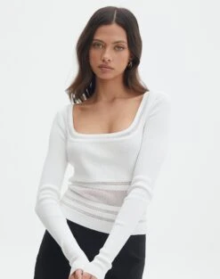 Panelled Knit Long Sleeve Top -Glassons pinny panelled longsleeve white front kl114624vn
