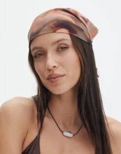 Long Sleeve Linen Blend Shirt -Glassons printed satin headscarf coffee skies front ha47085prt