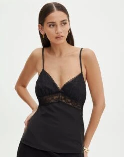 Halter V Neck Top -Glassons r meme lace trim blouse blackblack front bv92276rsat