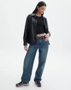 Collared Ribbed Knit Crop Top -Glassons r piper puddle baggy jeans coyote blue front jd51910pden 1
