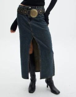 Denim Midi Front Split Skirt -Glassons r rita denim midi hemmed skirt darjeeling full sl55242rden