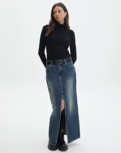 Split Front Denim Midi Skirt 28 Split Front Denim Midi Skirt -Glassons r roah denim maxi skirt coyote blue front sl118486rdnm 1